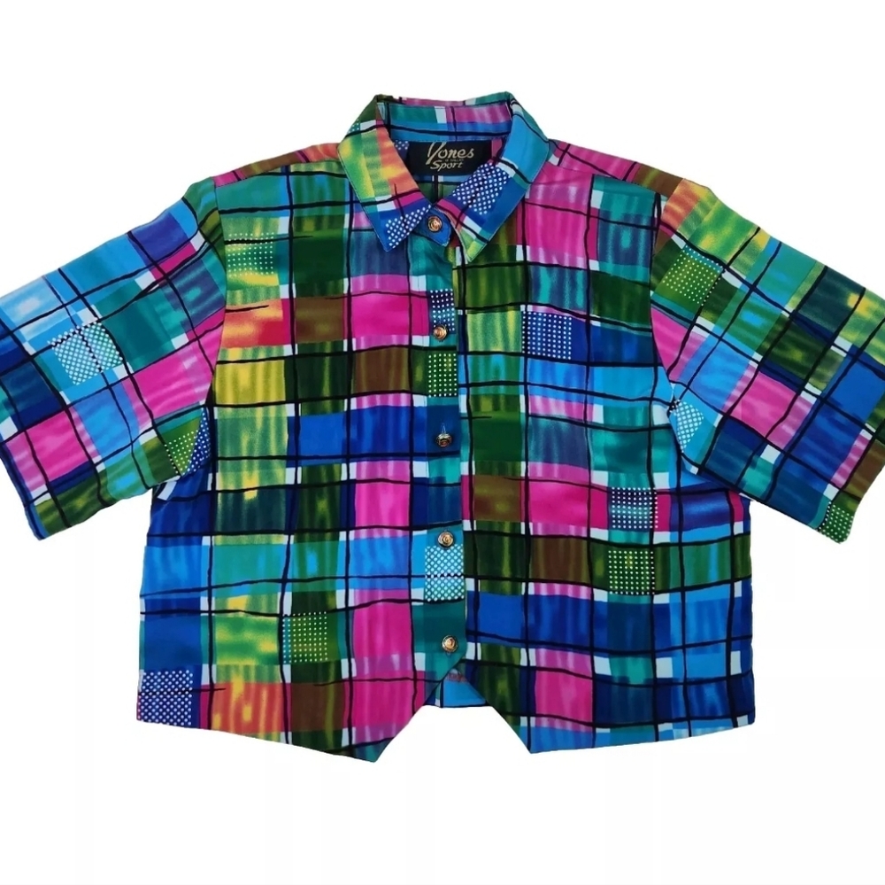 Vintage Jones Sport Of Dallas Womens Colorful Bright Plaid Blouse Retro Size M